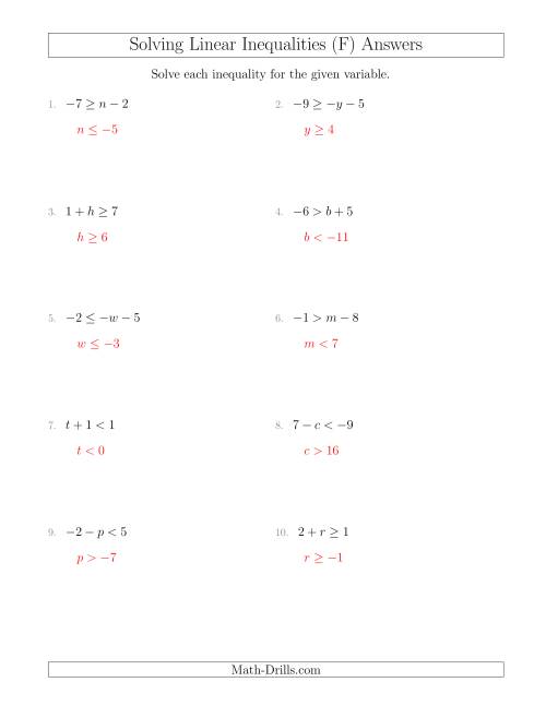 The Solving Linear Inequalities Including a Third Term (F) Math Worksheet Page 2