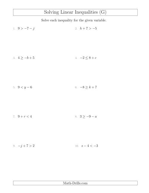 The Solving Linear Inequalities Including a Third Term (G) Math Worksheet