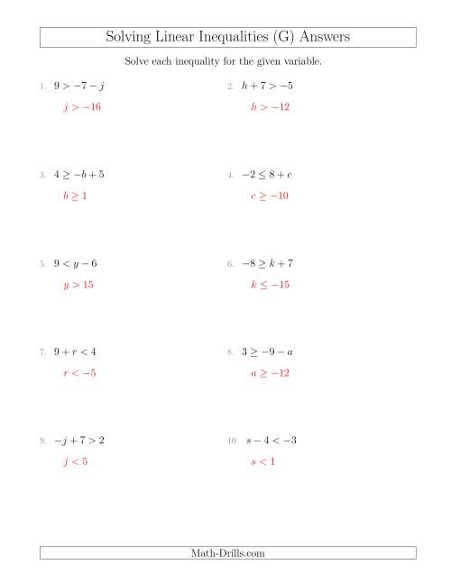 The Solving Linear Inequalities Including a Third Term (G) Math Worksheet Page 2