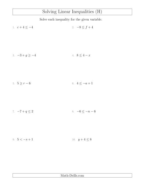 The Solving Linear Inequalities Including a Third Term (H) Math Worksheet