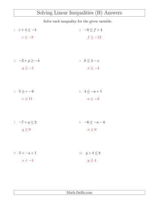 The Solving Linear Inequalities Including a Third Term (H) Math Worksheet Page 2