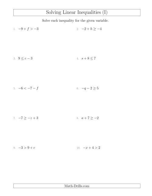 The Solving Linear Inequalities Including a Third Term (I) Math Worksheet