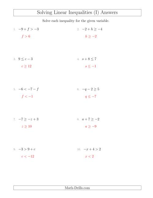 The Solving Linear Inequalities Including a Third Term (I) Math Worksheet Page 2