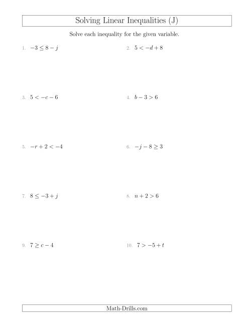 The Solving Linear Inequalities Including a Third Term (J) Math Worksheet