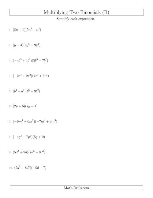 The Multiplying Two Binomials (B) Math Worksheet