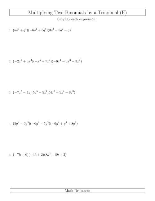 The Multiplying Two Binomials by a Trinomial (E) Math Worksheet