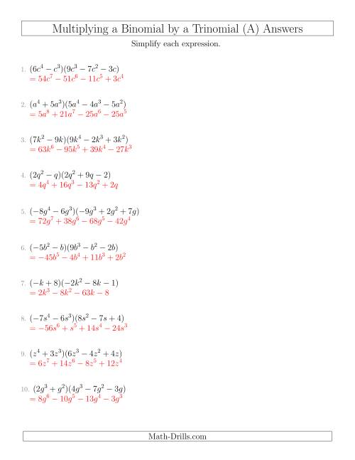 33 Multiplying A Binomial By A Trinomial Worksheet support worksheet
