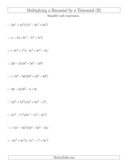 The Multiplying a Binomial by a Trinomial (B) Math Worksheet