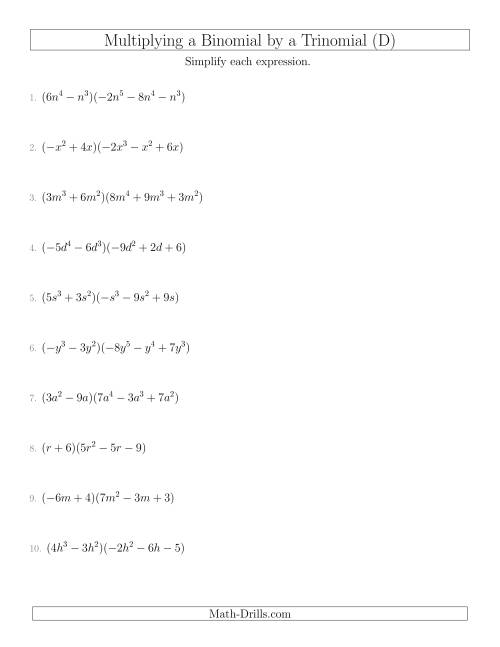 The Multiplying a Binomial by a Trinomial (D) Math Worksheet