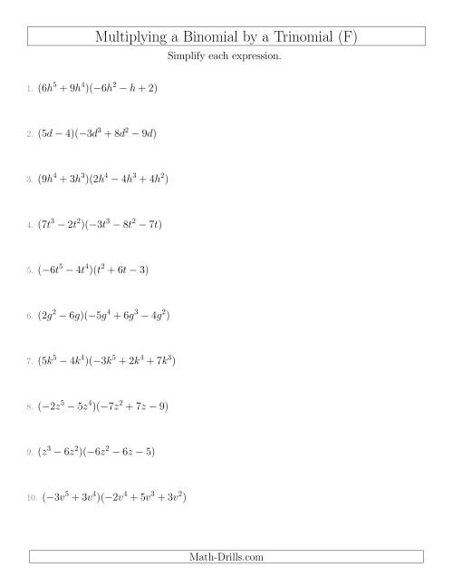 The Multiplying a Binomial by a Trinomial (F) Math Worksheet