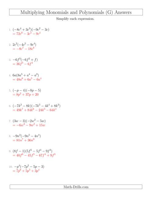 The Multiplying Monomials and Polynomials with Two Factors Mixed Questions (G) Math Worksheet Page 2