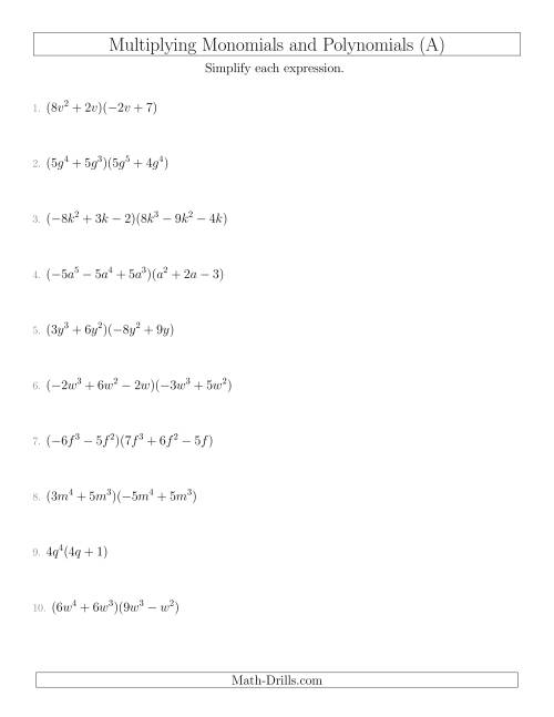 The Multiplying Monomials and Polynomials with Two Factors Mixed Questions (All) Math Worksheet