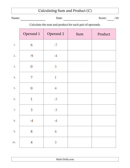 The Calculating Sum and Product (Operand Range -9 to 9) (C) Math Worksheet