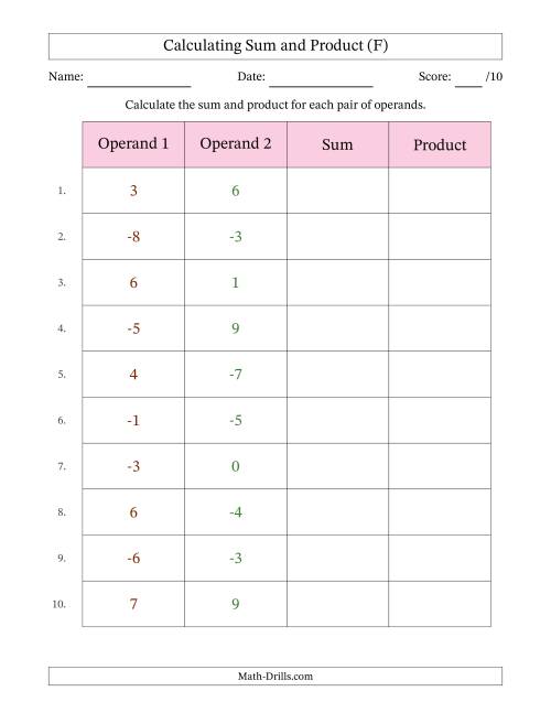 The Calculating Sum and Product (Operand Range -9 to 9) (F) Math Worksheet