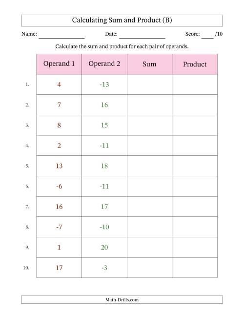 The Calculating Sum and Product (Operand Range -20 to 20) (B) Math Worksheet
