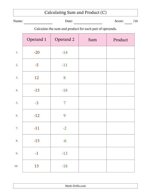 The Calculating Sum and Product (Operand Range -20 to 20) (C) Math Worksheet