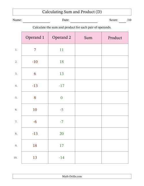 The Calculating Sum and Product (Operand Range -20 to 20) (D) Math Worksheet