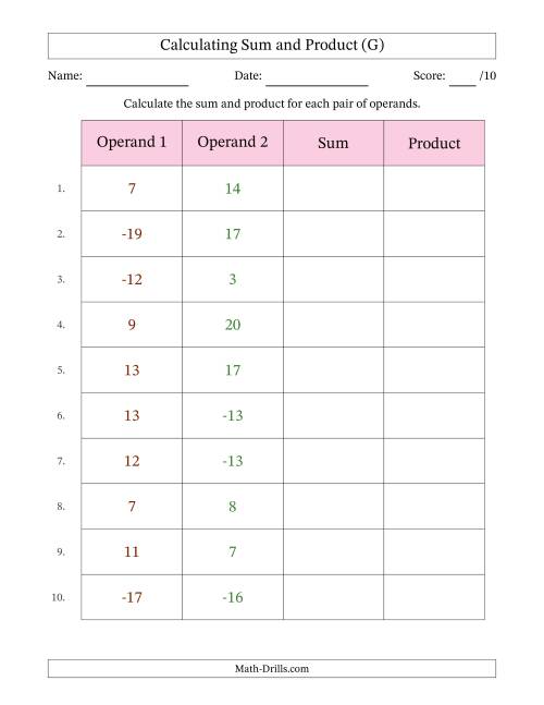 The Calculating Sum and Product (Operand Range -20 to 20) (G) Math Worksheet