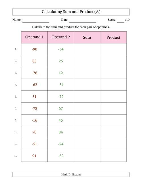The Calculating Sum and Product (Operand Range -99 to 99) (A) Math Worksheet