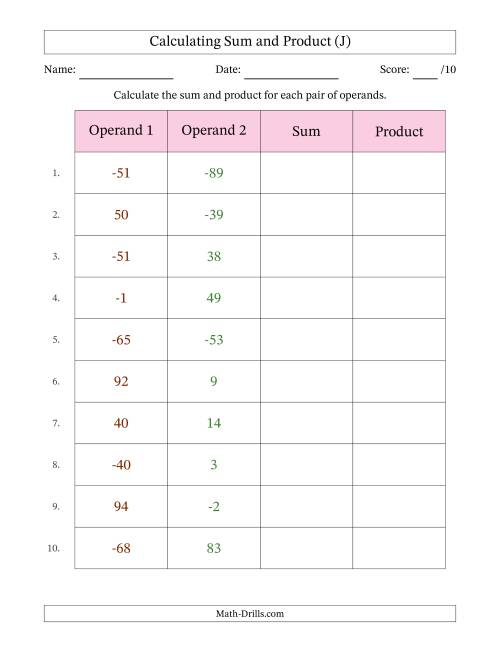 The Calculating Sum and Product (Operand Range -99 to 99) (J) Math Worksheet