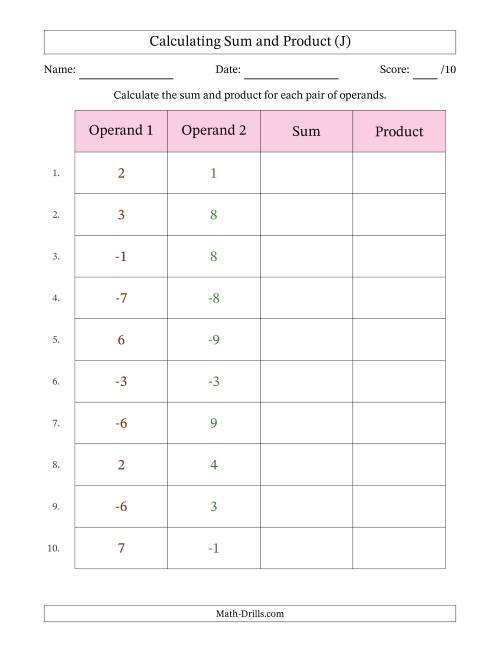 The Calculating Sum and Product (Operand Range 1 to 9 Including Negatives) (J) Math Worksheet