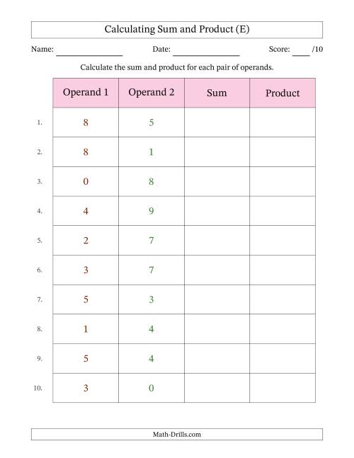 The Calculating Sum and Product (Operand Range 0 to 9) (E) Math Worksheet