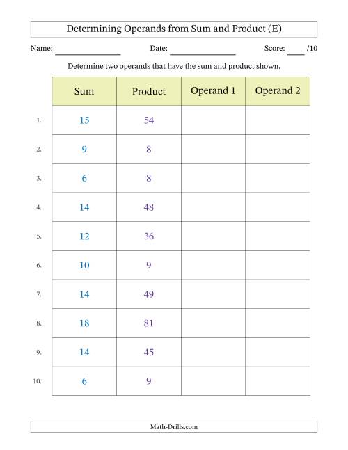 The Determining Operands of Sum and Product Pairs (Operand Range 0 to 9) (E) Math Worksheet