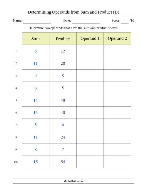 The Determining Operands of Sum and Product Pairs (Operand Range 1 to 9) (D) Math Worksheet
