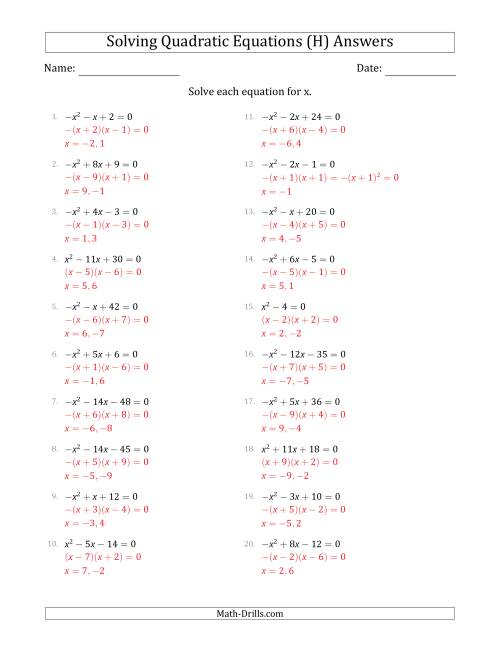 The Solving Quadratic Equations with Positive or Negative 'a' Coefficients of 1 (H) Math Worksheet Page 2