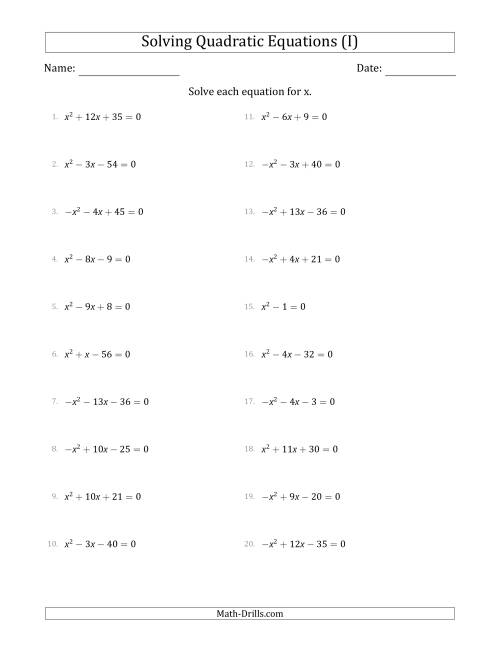 The Solving Quadratic Equations with Positive or Negative 'a' Coefficients of 1 (I) Math Worksheet