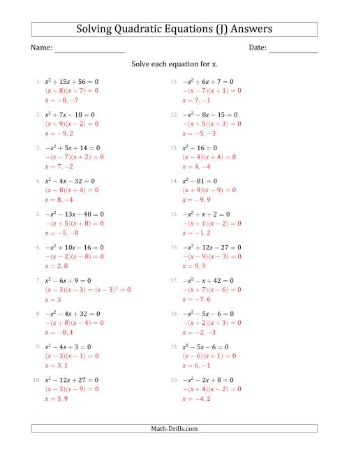 The Solving Quadratic Equations with Positive or Negative 'a' Coefficients of 1 (J) Math Worksheet Page 2