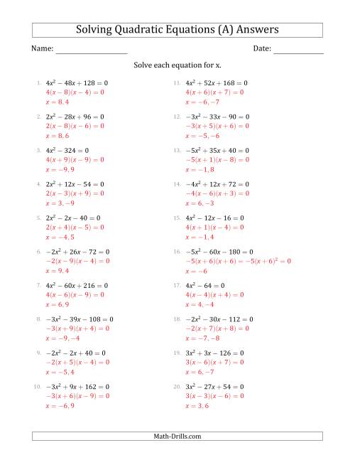 The Solving Quadratic Equations with Positive or Negative 'a' Coefficients of 1 with a Common Factor Step (A) Math Worksheet Page 2