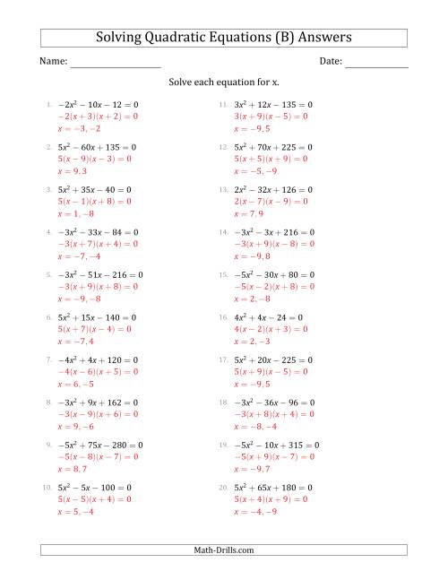 The Solving Quadratic Equations with Positive or Negative 'a' Coefficients of 1 with a Common Factor Step (B) Math Worksheet Page 2