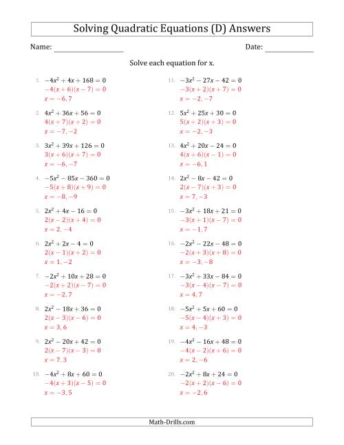 The Solving Quadratic Equations with Positive or Negative 'a' Coefficients of 1 with a Common Factor Step (D) Math Worksheet Page 2