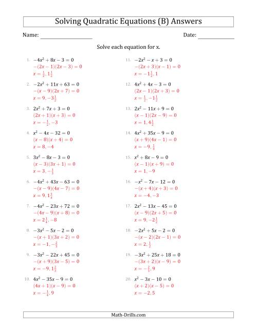 The Solving Quadratic Equations with Positive or Negative 'a' Coefficients up to 4 (B) Math Worksheet Page 2