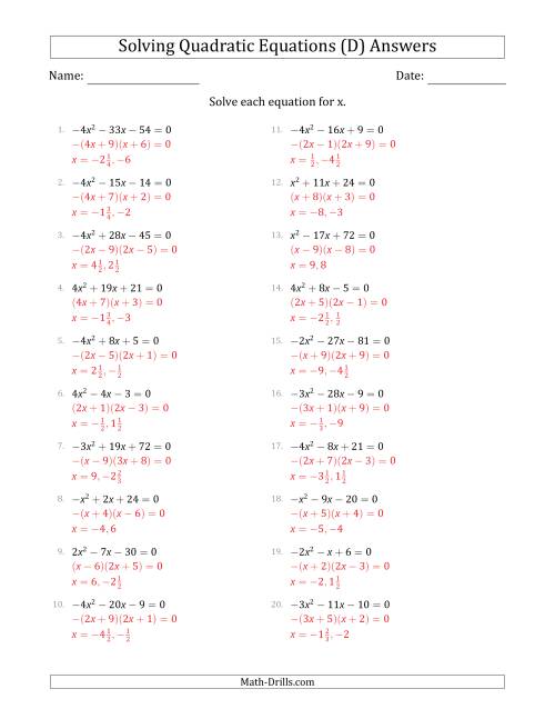 The Solving Quadratic Equations with Positive or Negative 'a' Coefficients up to 4 (D) Math Worksheet Page 2