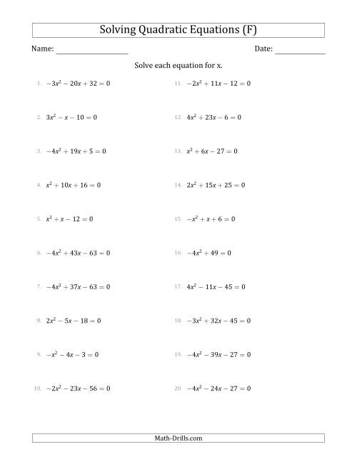 The Solving Quadratic Equations with Positive or Negative 'a' Coefficients up to 4 (F) Math Worksheet