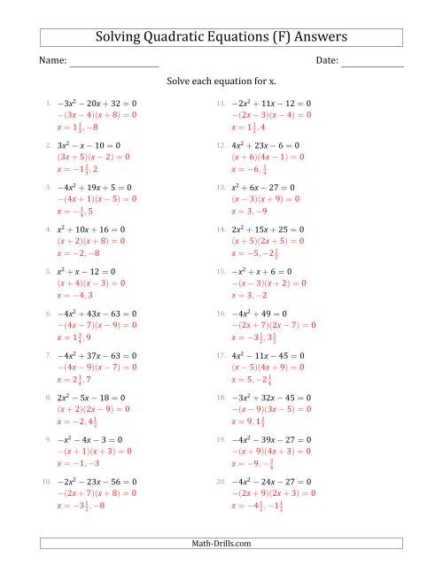 The Solving Quadratic Equations with Positive or Negative 'a' Coefficients up to 4 (F) Math Worksheet Page 2