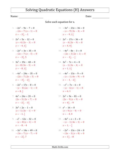 The Solving Quadratic Equations with Positive or Negative 'a' Coefficients up to 4 (H) Math Worksheet Page 2