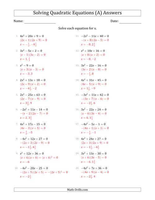 The Solving Quadratic Equations with Positive or Negative 'a' Coefficients up to 4 (All) Math Worksheet Page 2