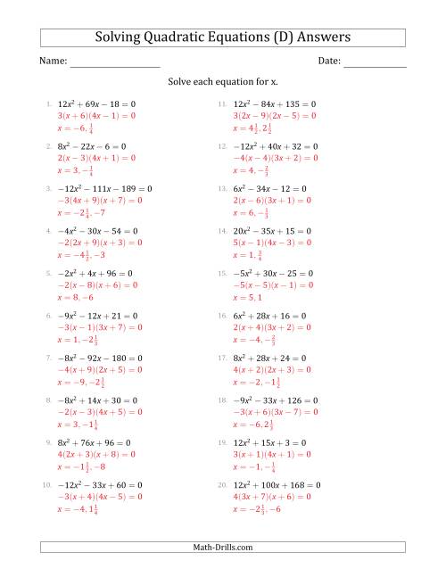 The Solving Quadratic Equations with Positive or Negative 'a' Coefficients up to 4 with a Common Factor Step (D) Math Worksheet Page 2