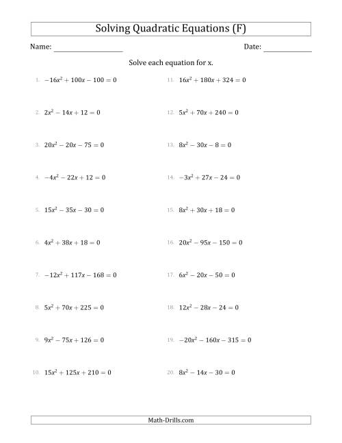 The Solving Quadratic Equations with Positive or Negative 'a' Coefficients up to 4 with a Common Factor Step (F) Math Worksheet