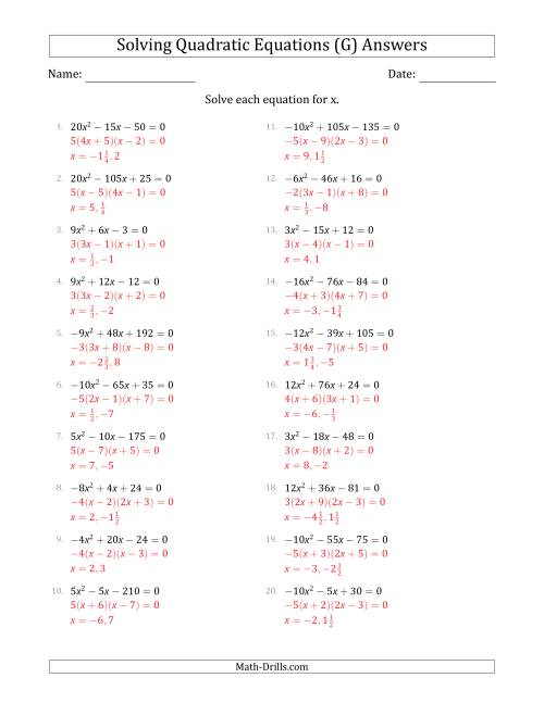 The Solving Quadratic Equations with Positive or Negative 'a' Coefficients up to 4 with a Common Factor Step (G) Math Worksheet Page 2