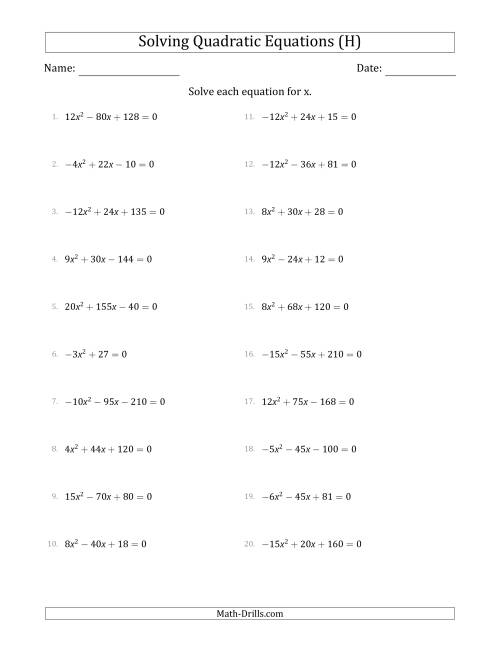 The Solving Quadratic Equations with Positive or Negative 'a' Coefficients up to 4 with a Common Factor Step (H) Math Worksheet