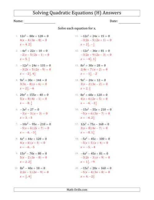 The Solving Quadratic Equations with Positive or Negative 'a' Coefficients up to 4 with a Common Factor Step (H) Math Worksheet Page 2