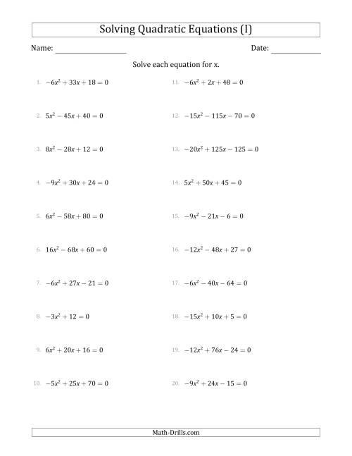 The Solving Quadratic Equations with Positive or Negative 'a' Coefficients up to 4 with a Common Factor Step (I) Math Worksheet