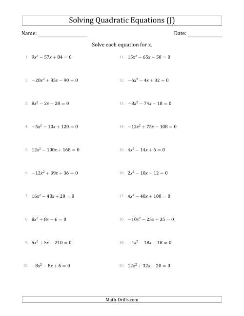 The Solving Quadratic Equations with Positive or Negative 'a' Coefficients up to 4 with a Common Factor Step (J) Math Worksheet