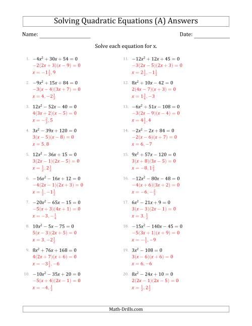 The Solving Quadratic Equations with Positive or Negative 'a' Coefficients up to 4 with a Common Factor Step (All) Math Worksheet Page 2