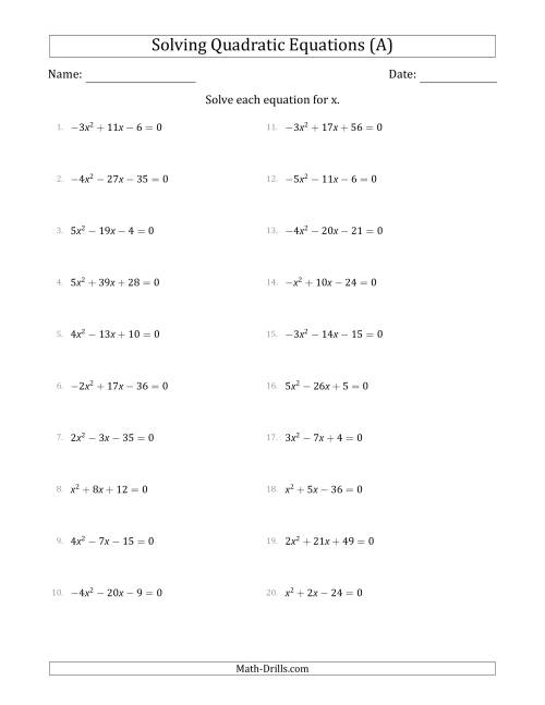 The Solving Quadratic Equations with Positive or Negative 'a' Coefficients up to 5 (A) Math Worksheet
