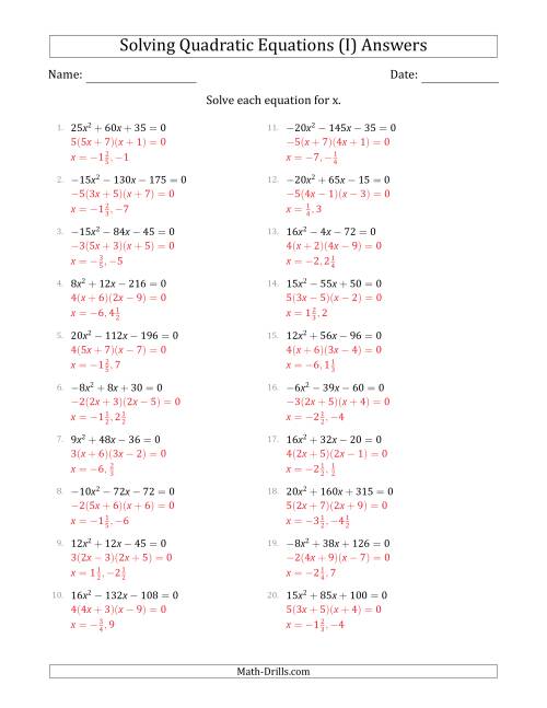 The Solving Quadratic Equations with Positive or Negative 'a' Coefficients up to 5 with a Common Factor Step (I) Math Worksheet Page 2